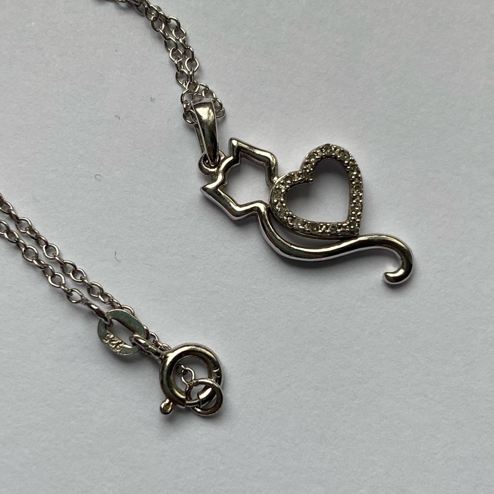 Sterling Silver 925 Cat and Heart Necklace